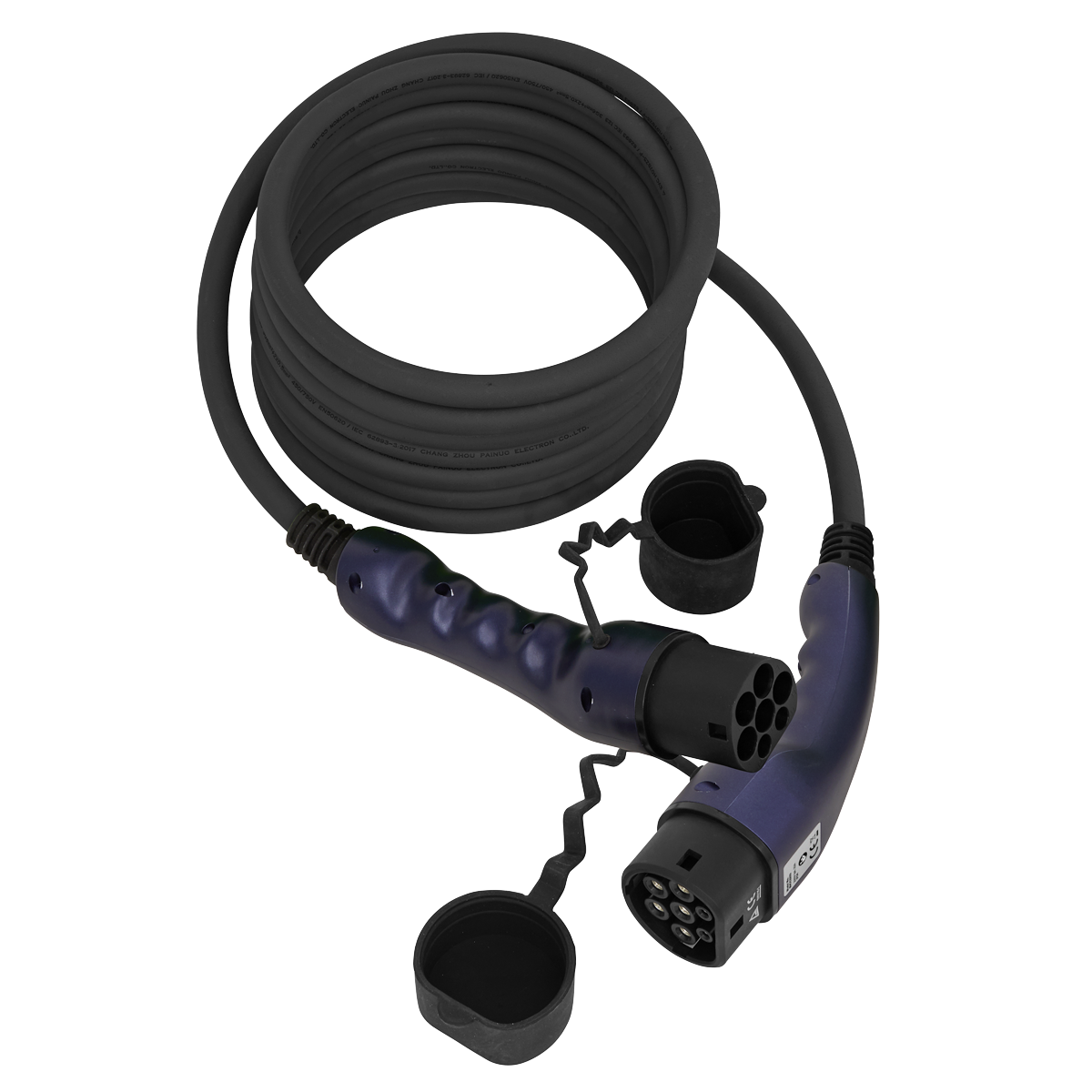 Introducing the Sealey EV Charging Cable Type 2 to Type 2 32A 5m - EVCC2232: a coiled black EV charging cable featuring connectors at both ends, covered by protective caps. This high-quality cable is designed to handle 32A of current and boasts an IP54 rating for water and dust resistance.