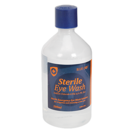 A 500ml bottle of Sealey Eye/Wound Wash Solution (EWS50), an emergency saline solution containing sodium chloride 0.9% w/v Ph. Eur, for irrigation and cleansing of eyes.