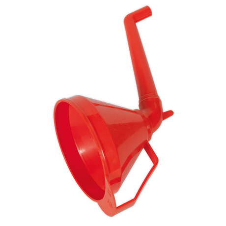 The Sealey Funnel with Fixed Offset Spout & Filter Medium Ø160mm - F16 is a red polyethylene funnel featuring a long offset spout, a handle near the base, and a removable brass filter.