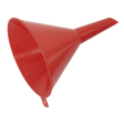 The Sealey Funnel Small Economy Ø115mm Fixed Spout - F1E, crafted from red polyethylene and featuring a wide top and narrow spout, is displayed against a white background. Perfect for oil changes or adding antifreeze, it also includes a small tab on the side.