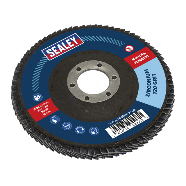 The Sealey Flap Disc Zirconium Ø100mm Ø16mm Bore 120 Grit - FD100120 has a blue and red label detailing its specifications and is perfect for weld preparation or rust removal.