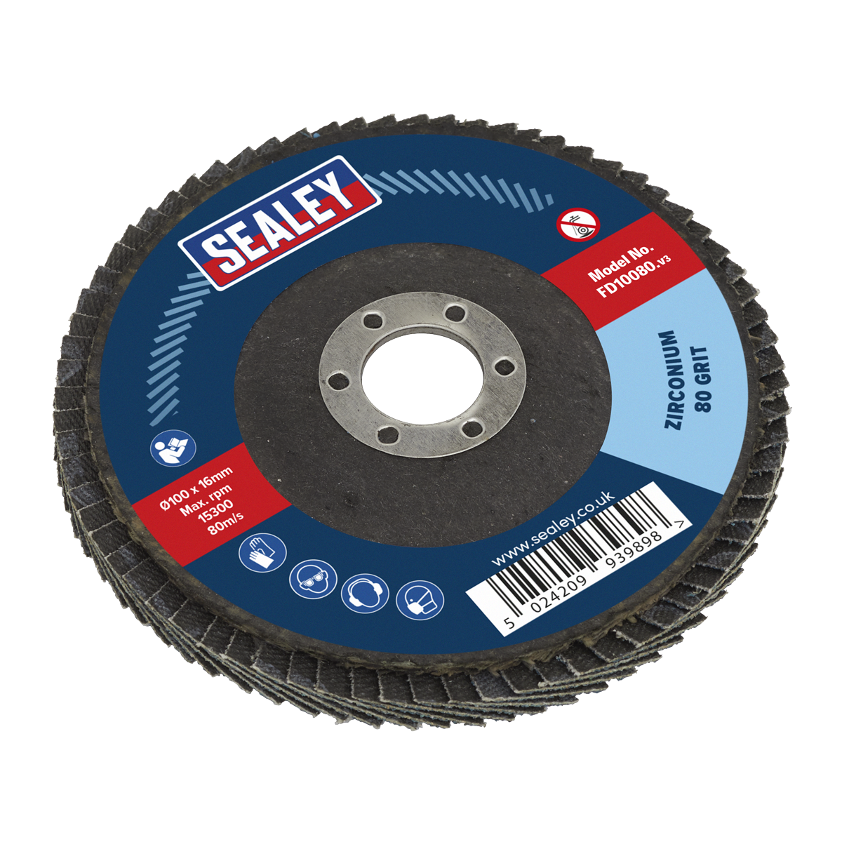 The Sealey Flap Disc Zirconium Ø100mm Ø16mm Bore 80 Grit - FD10080 is perfect for rust removal and weld cleaning. It comes with a blue label that displays the brand name, product specifications, and a barcode.