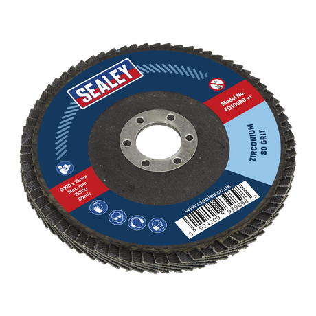 The Sealey Flap Disc Zirconium Ø100mm Ø16mm Bore 80 Grit - FD10080 is perfect for rust removal and weld cleaning. It comes with a blue label that displays the brand name, product specifications, and a barcode.