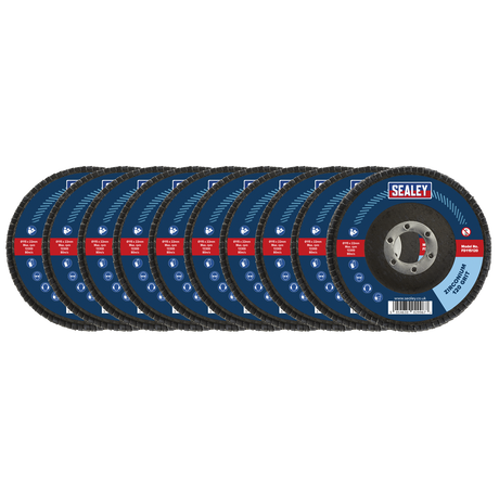 Image of ten Sealey-brand 120Grit Flap Discs Zirconium, each measuring Ø115mm with a Ø22mm bore, arranged in a row. The discs feature blue labeling with red accents and are marked for professional use, making them ideal for weld and surface preparation.