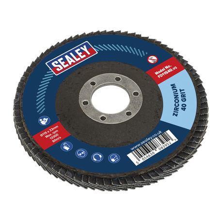 A Sealey Flap Disc Zirconium Ø115mm Ø22mm Bore 40Grit, ideal for surface preparation and descaling tasks, labeled as model number FD11540.