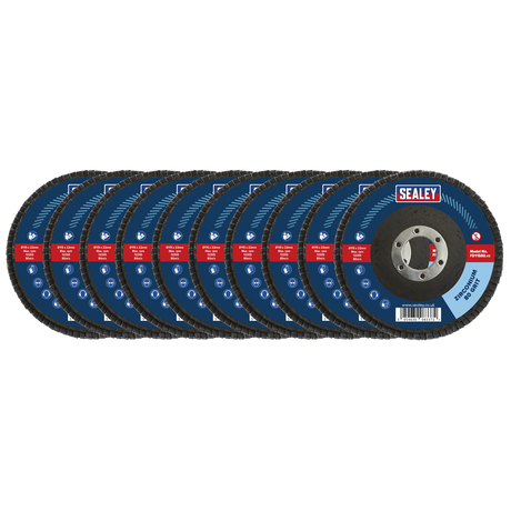 A pack of ten Sealey 80-grit zirconium flap discs (FD1158010) arranged in a staggered row, each disc featuring brand labeling and product details. Perfect for weld preparation, these versatile Ø115mm discs with Ø22mm bores ensure efficient cutting and smoothing.
