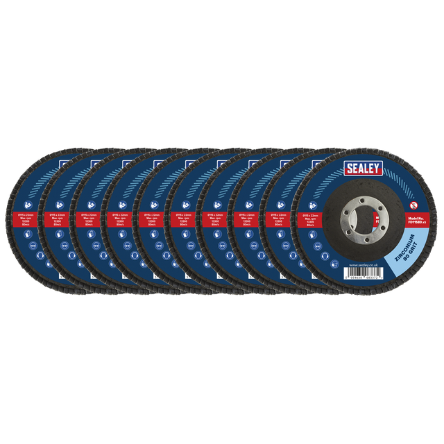 A pack of ten Sealey 80-grit zirconium flap discs (FD1158010) arranged in a staggered row, each disc featuring brand labeling and product details. Perfect for weld preparation, these versatile Ø115mm discs with Ø22mm bores ensure efficient cutting and smoothing.