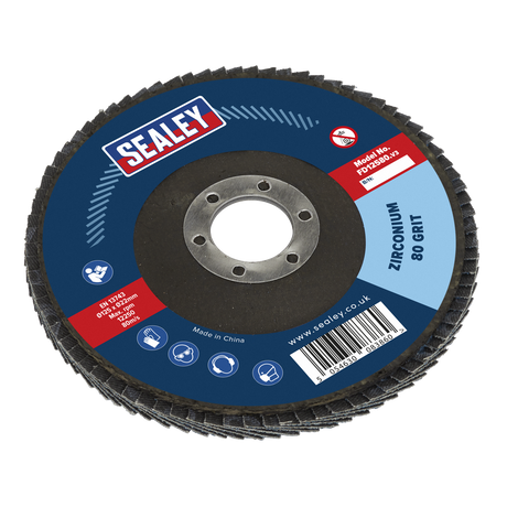 The Sealey Flap Disc Zirconium Ø125mm Ø22mm Bore 80Grit - FD12580 features a blue and black design, several icons and text detailing "Made in China," and a website link. This robust disc is ideal for surface preparation, ensuring efficient weld preparation.