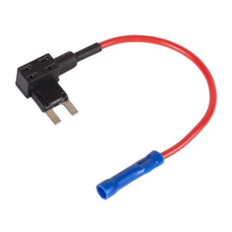 A close-up of the Sealey Accessory Circuit Mini Fuse Holder Link 15A (Pack of 2 - FHLMIN15) featuring a black plastic head, two metal prongs, a red 16 gauge wire, and a blue insulated terminal connector.