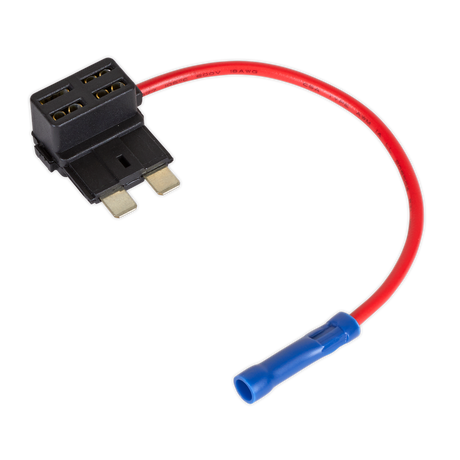 Introducing the Sealey Accessory Circuit Fuse Holder Link 15A Pack of 2, model FHLSTA15, featuring a red 16 gauge wire, a blue insulated connector, and a reliable fuse holder for your accessory circuit.