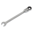 The Sealey Flexi-Head Ratchet Combination Spanner 10mm - FHRCW10 is a Chrome Vanadium steel tool featuring an open-end on one side and a 72-tooth ratchet ring on the other, with "Premier" embossed on it.