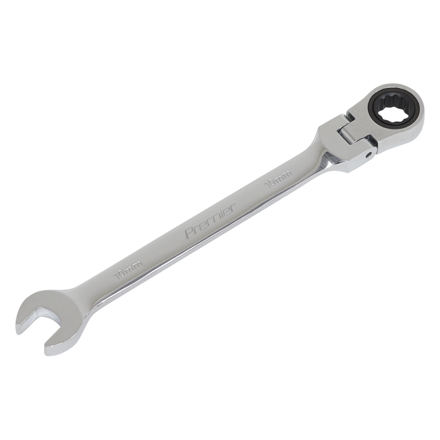 The Sealey Flexi-Head Ratchet Combination Spanner 10mm - FHRCW10 is a Chrome Vanadium steel tool featuring an open-end on one side and a 72-tooth ratchet ring on the other, with "Premier" embossed on it.