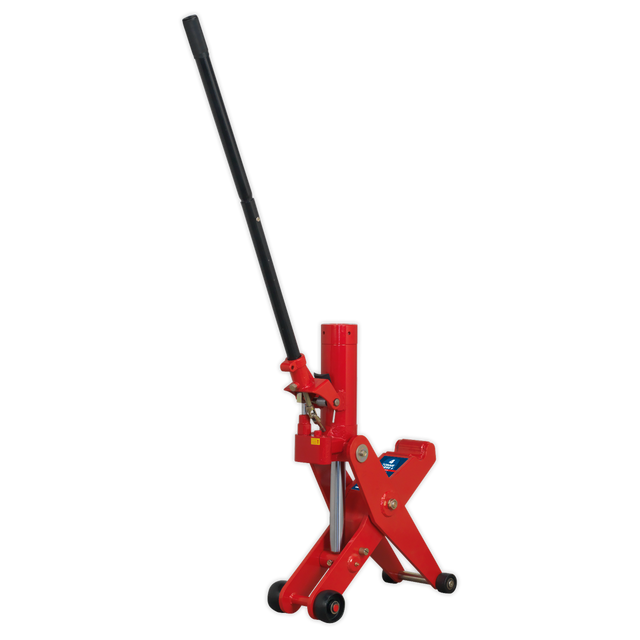 The Sealey Hydraulic Forklift/Tractor Jack 4/5 Tonne - FJ45 stands upright with a long black lever, making it ideal for agricultural vehicles. It features wheels at the base for mobility and is perfect for those with low ground clearance.