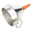 The Sealey Funnel Metal with Filter Ø200mm - FM20 features a metal body, a polyethylene spout, and a side handle, making it ideal for industrial use.