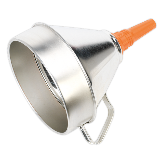 The Sealey Funnel Metal with Filter Ø200mm - FM20 features a metal body, a polyethylene spout, and a side handle, making it ideal for industrial use.