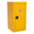 The Sealey Hazardous Substance Cabinet FSC04 (dimensions: 460 x 460 x 900mm) is a yellow safety cabinet with a black handle, featuring a flammable materials warning symbol on the door. Its compact design includes durable metal construction and an adjustable shelf for versatile storage options.