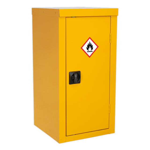 The Sealey Hazardous Substance Cabinet FSC04 (dimensions: 460 x 460 x 900mm) is a yellow safety cabinet with a black handle, featuring a flammable materials warning symbol on the door. Its compact design includes durable metal construction and an adjustable shelf for versatile storage options.