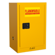 The Sealey Flammables Storage Cabinet FSC07, measuring 585 x 455 x 890mm, is yellow and features an adjustable shelf, a "FLAMMABLE KEEP FIRE AWAY" label on the door, and a center handle equipped with a secure 3-point key lock.