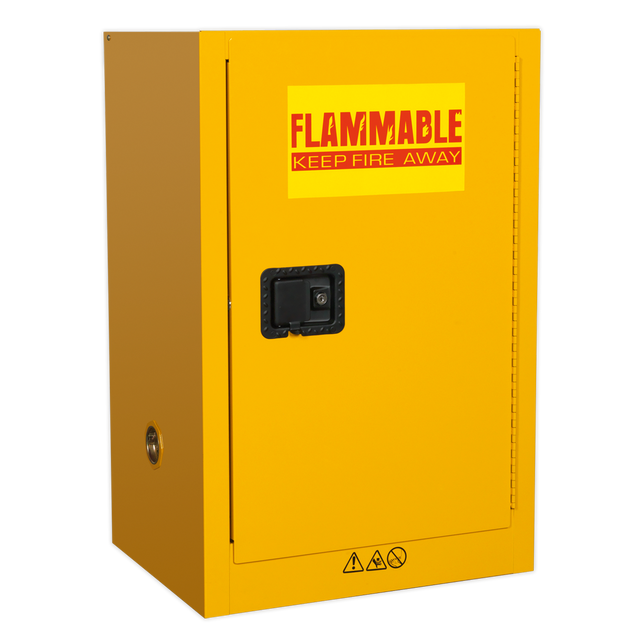 The Sealey Flammables Storage Cabinet FSC07, measuring 585 x 455 x 890mm, is yellow and features an adjustable shelf, a "FLAMMABLE KEEP FIRE AWAY" label on the door, and a center handle equipped with a secure 3-point key lock.
