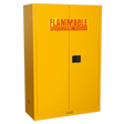 The Sealey Flammables Storage Cabinet FSC10, measuring 1095 x 460 x 1655mm, features a yellow metal construction with two doors, a black handle, and adjustable shelves for convenient organization. It has a "Flammable Keep Fire Away" warning sign on the front.