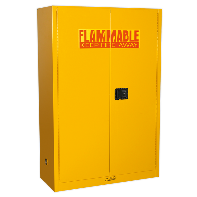 The Sealey Flammables Storage Cabinet FSC10, measuring 1095 x 460 x 1655mm, features a yellow metal construction with two doors, a black handle, and adjustable shelves for convenient organization. It has a "Flammable Keep Fire Away" warning sign on the front.
