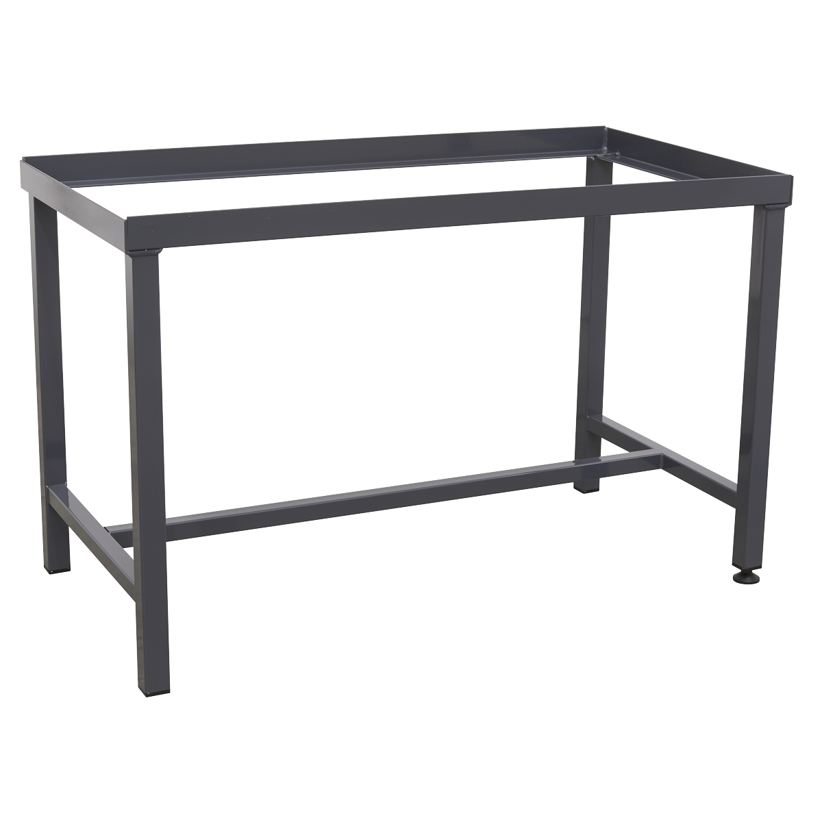 The Sealey Floor Stand for FSC15 - FSC15ST is a rectangular steel frame, grey powder coated for added durability, featuring four legs and a crossbar at the base, providing a sturdy metal stand without a tabletop.