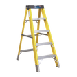 A Sealey Fibreglass Step Ladder 4-Tread EN 131 - FSL5, standing upright on a white background, showcases its yellow and silver demeanor. Crafted from metal and heavy-duty fibreglass, it includes four non-conductive steps that prioritize safety. The slip-resistant design further enhances security.