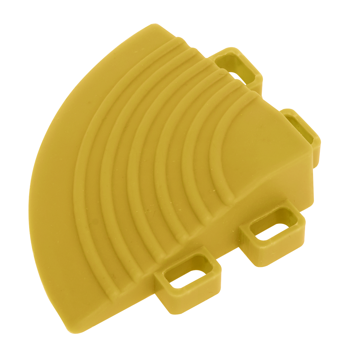 A polypropelene floor tile corner piece from Sealey, model FT3CY, is shown against a white background. This yellow 60 x 60mm curved plastic piece features three square slots and raised ridges, characteristic of components frequently found in polypropylene floor tiles.