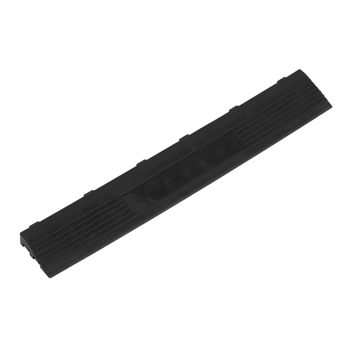 A black, rectangular polypropylene floor tile edge from Sealey, with grooved edges and female buckle edging, measuring 400 x 60mm and laid flat on a white background.