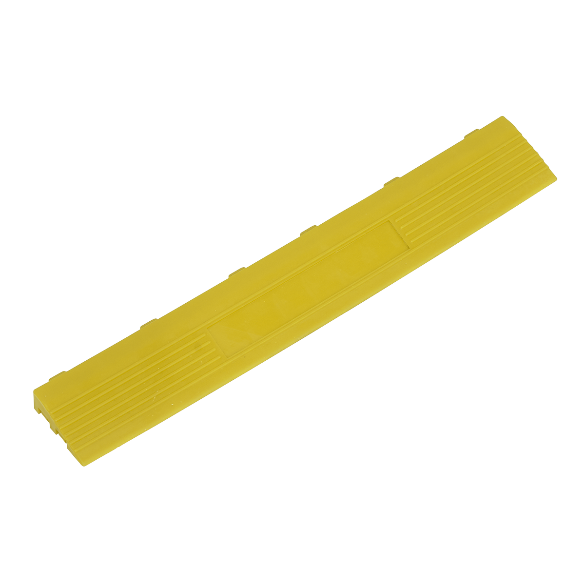 A yellow rectangular plastic object with five small raised sections on one side and horizontal grooves along its length, similar to the design seen in Sealey Polypropylene Floor Tile Edge 400 x 60mm Yellow Female - Pack of 6 model FT3EYF.