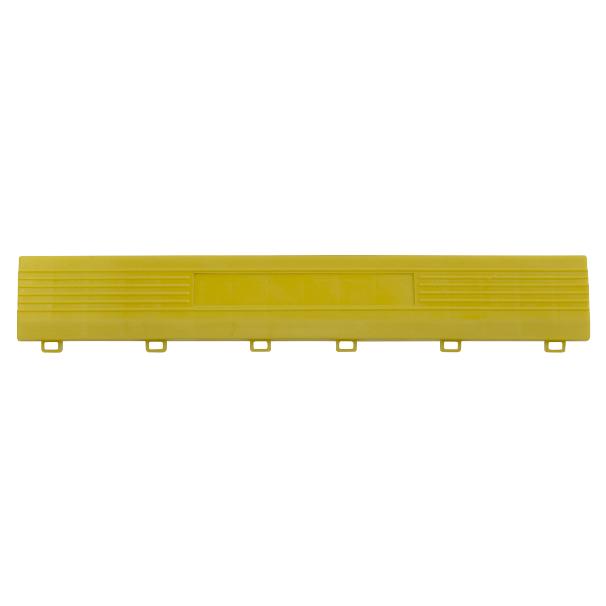 A yellow polypropylene floor tile edge with ridges, featuring five small tabs along the bottom edge, provided by Sealey in a pack of six, often used as female buckle edging for Sealey's floor tiles.