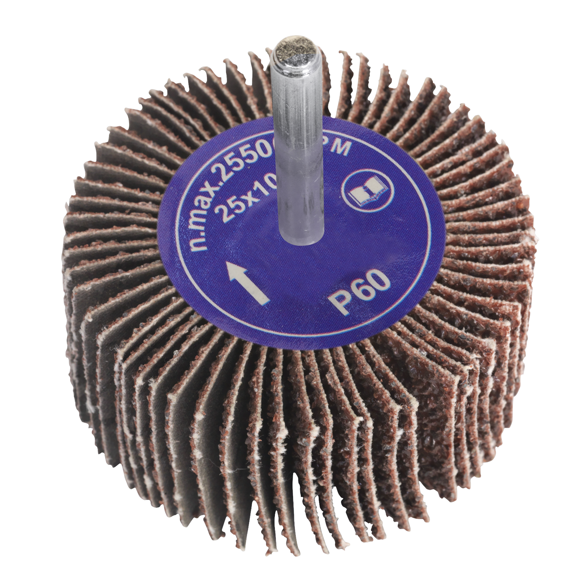 A close-up view of the Sealey Flap Wheel Ø25 x 10mm 6mm Shaft 60 Grit - FW251060, with a blue label indicating it has a maximum speed of 25500 RPM. The cylindrical tool, suitable for power drills, features radial flaps made of abrasive aluminium oxide material.