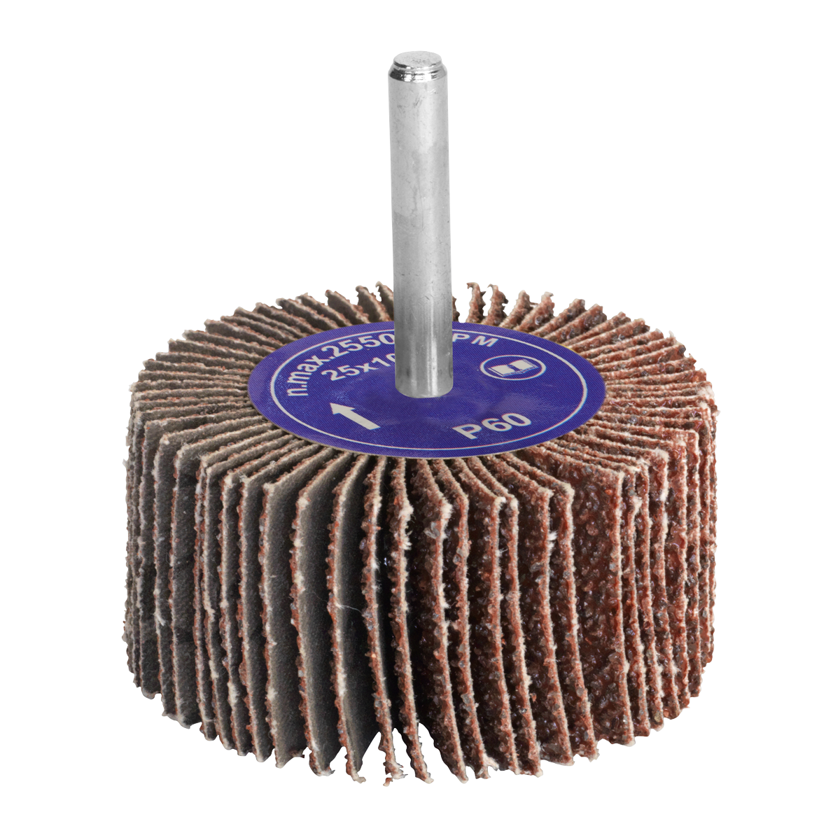 The Sealey Flap Wheel Ø25 x 10mm 6mm Shaft, 60Grit (FW251060) is a cylindrical Aluminium oxide abrasive tool featuring brown abrasive sheets and a blue label marked "P60". Ideal for power drills, this tool ensures efficient material removal.