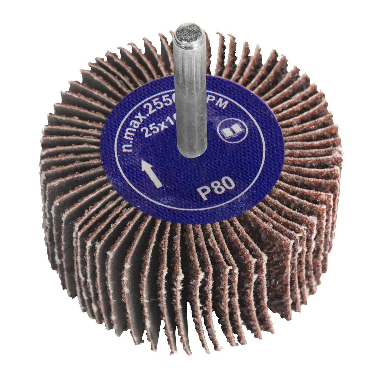 The Sealey Flap Wheel Ø25 x 10mm 6mm Shaft 80Grit - FW251080 is an aluminium oxide flap wheel with an 80-grit designation that includes a cylindrical metal shank, making it suitable for power drills. It features a blue label detailing specifications such as "P80" grit and maximum RPM guidelines, and the wheel comprises multiple abrasive sheets.