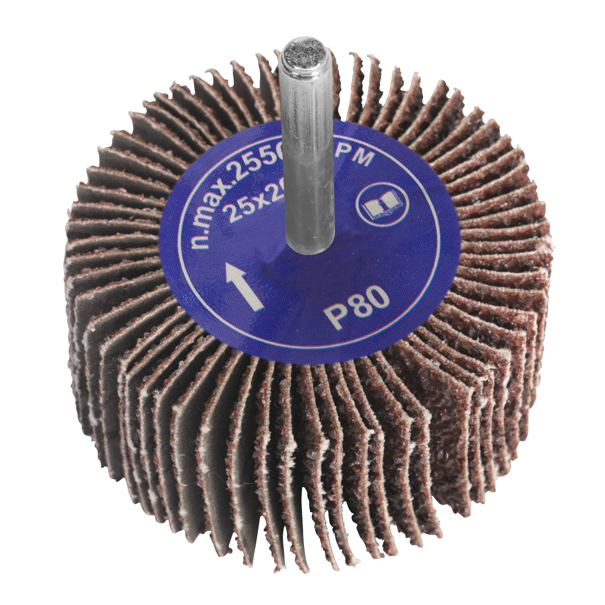 Sealey's Flap Wheel Ø25 x 20mm 80Grit 6mm Shaft - FW252080, featuring a blue label with specifications, is mounted on a metal shank for attachment to power drills and is designed for sanding and finishing surfaces.