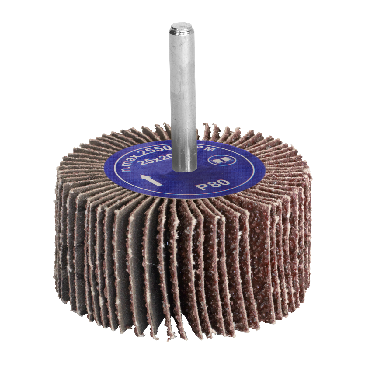 The Sealey Flap Wheel Ø25 x 20mm 80Grit with a 6mm shaft (model FW252080) is a cylindrical Aluminium oxide abrasive tool featuring a central metal shank and numerous radially arranged sandpaper flaps. This versatile accessory is ideal for use with power drills.
