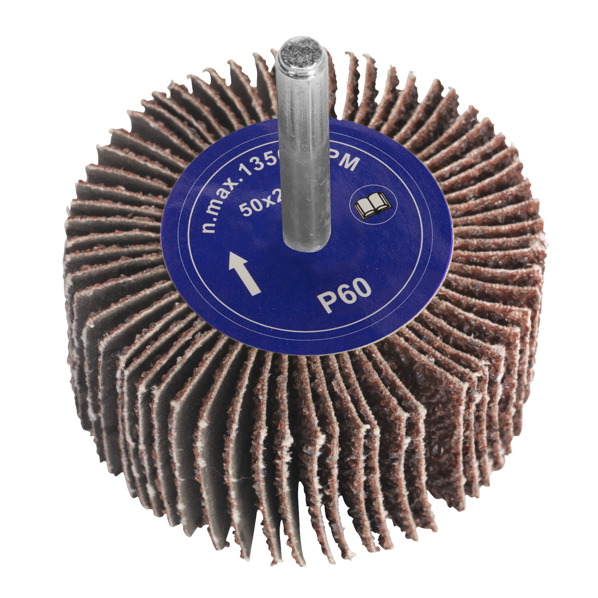 Close-up of the Sealey Flap Wheel Ø50 x 25mm 60Grit 6mm Shaft - FW502560, featuring a blue label indicating a maximum RPM of 13,500 and a grit size of 60. The brown flaps of the power drill-mounted sander are arranged in a circular pattern.