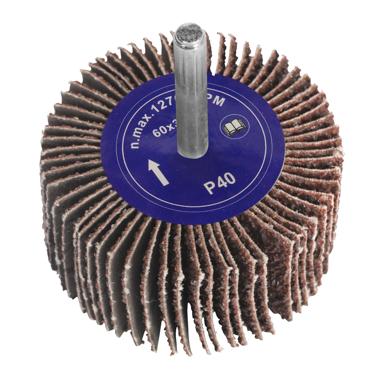 The Sealey Flap Wheel Ø60 x 30mm 40Grit 6mm Shaft - FW603040 is a cylindrical aluminium oxide flap wheel with a blue label, indicating a grit size of 40Grit and a maximum speed of 12,700 RPM, designed for use with power drills.