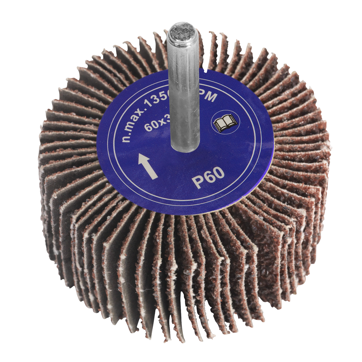 Close-up of a Sealey Flap Wheel Ø60 x 30mm with a 6mm shaft, labeled "FW603060" and "60Grit," featuring maximum RPM and directional arrow on a blue center disc, designed for use in power drills.