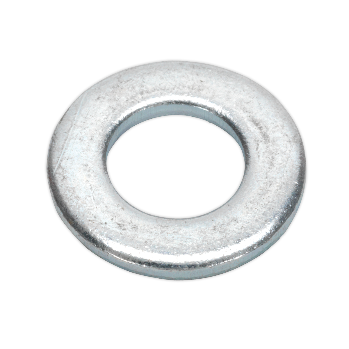 A close-up image of the Sealey Flat Washer DIN 125 M10 x 21mm Form A Zinc Pack of 100 (FWA1021) shows a silver metal washer with a central circular hole, typically used in fastening applications. This metric flat washer adheres to DIN 125 standards and is sold in a convenient pack of 100.