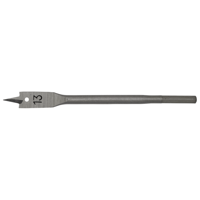 The Sealey Flat Wood Bit Ø13mm x 152mm - FWB13 is a high-performance drill bit that features a pointed tip and two cutting edges. It also includes a hex shank for secure gripping, making it ideal for drilling into wood materials.