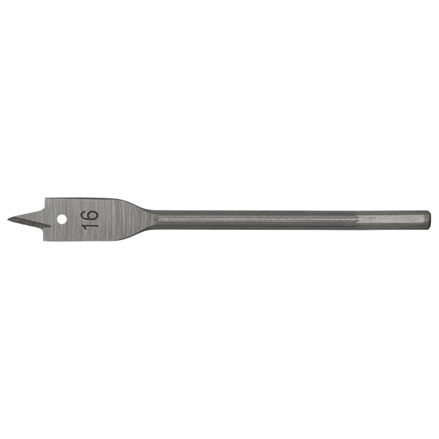 A high-performance Sealey Flat Wood Bit Ø16mm x 152mm - FWB16, featuring a flat, paddle-shaped blade with a sharp point and a hex shank.