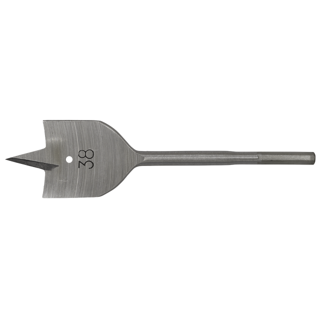 The Sealey Flat Wood Bit Ø38mm x 152mm - FWB38 is a high-performance drill bit designed for wood materials. It features a flat, wide shape with a pointed tip for efficient cutting and a hex shank for added stability.