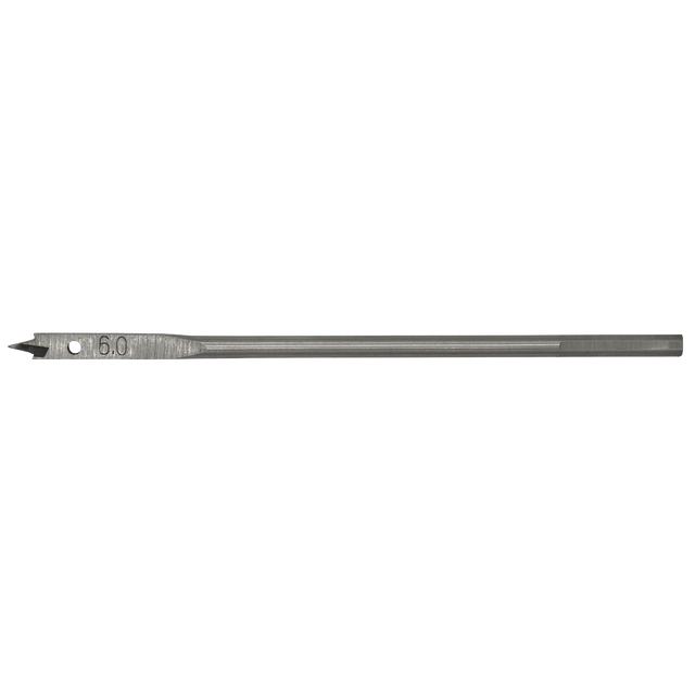 Introducing the Sealey Flat Wood Bit Ø6mm x 152mm - FWB60, a high-performance drill bit featuring a flat spade design with a central point and sharp edges for precision drilling in wood materials. The bit is marked with "6.0" to indicate its diameter in millimeters and comes with a hex shank for secure attachment.