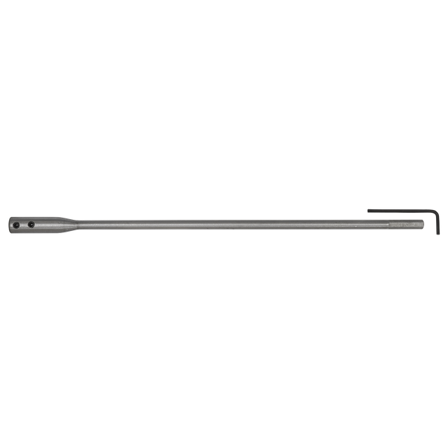 The Sealey Flat Wood Bit Extension 300mm - FWBEXT is a metal rod equipped with a small hex key at one end, and it includes an extra grip for enhanced control.