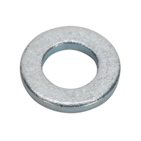 The Sealey Flat Washer M5 x 12.5mm Form C (Pack of 100) - FWC512, featuring a circular shape with a central hole, provides an increased clamping area when viewed from above against a white background.