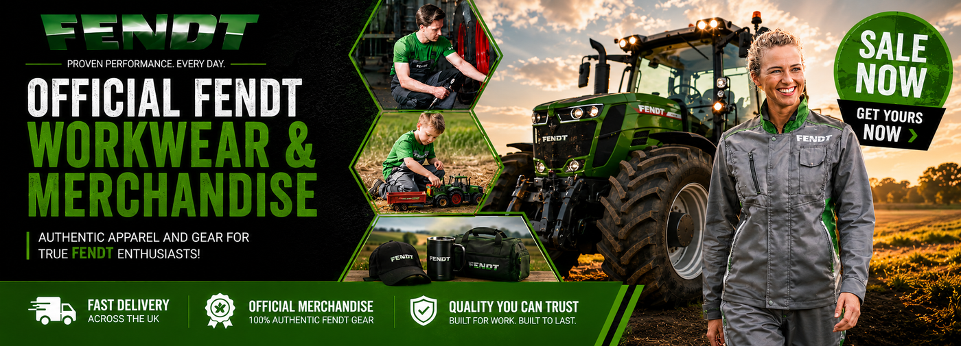 Fendt workwear and merchandise advertisement with a person in work attire and a tractor in the background.