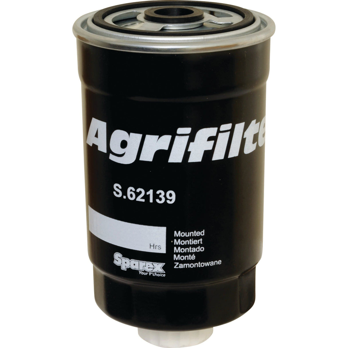 The Sparex Fuel Filter - Spin On (Part No. S.62139) features a metallic top and is branded with the Sparex Agrifilter logo at the bottom, with text in multiple languages.
