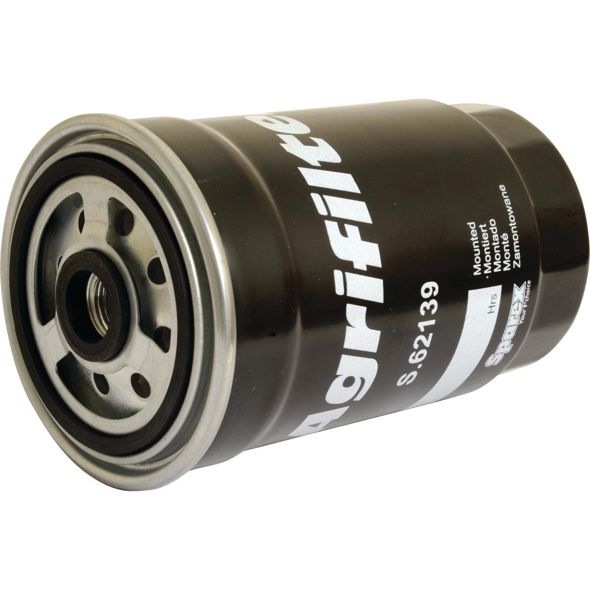 A cylindrical Sparex Agrifilter product, model number S.62139, featuring black coloring and additional text and branding details, serves as a Case IH Spin On Fuel Filter.