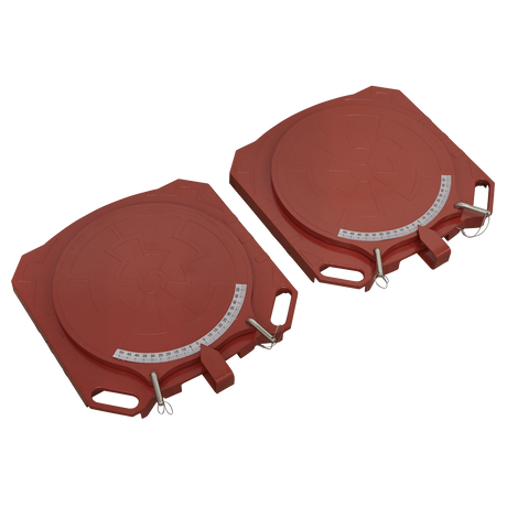 Two Sealey Steering Turntables - Pair - GA44, featuring attached measurement scales and locking pins for precise wheel alignment. Ideal for accurately determining steering angles or using with a Caster Kingpin Gauge for detailed angular measurements.